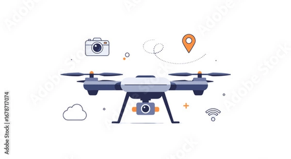 Fototapeta A Modern Drone Illustration Showcases Aerial Technology With Camera, Location Pin, And Wireless Connectivity Elements, Perfect For Tech Related Projects.
