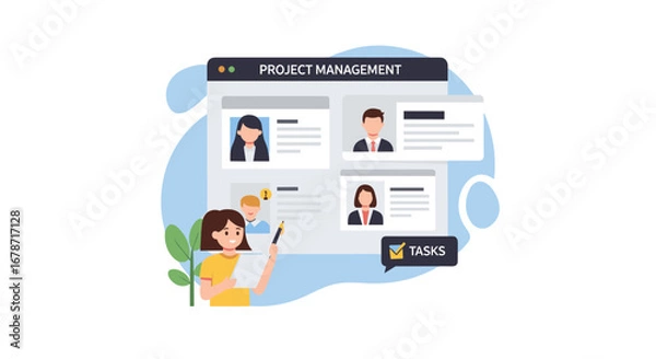 Fototapeta A Project Management Illustration Depicts Team Members, Tasks, And Workflow, Representing Business And Organizational Strategies, Designed For Effective Planning And Execution.