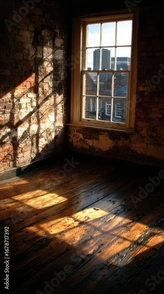 Fototapeta Sunlight streams into a sun-drenched room with a city view