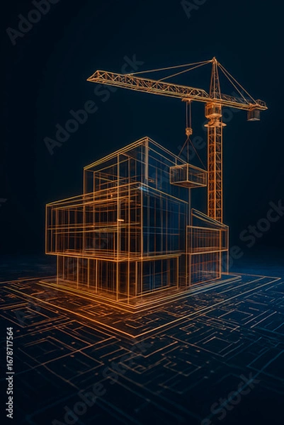 Fototapeta Futuristic Wireframe Tower Rising with Crane