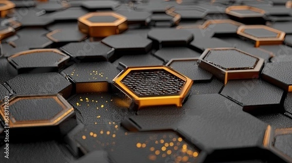Fototapeta Abstract hexagonal pattern, dark gray and golden