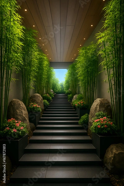 Fototapeta Rustic Bamboo House with Verdant Foliage and Pebble Walkway.