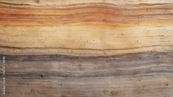 Fototapeta Layered earth shows different shades of brown tan and grey in geological sedimentary soil stratification.