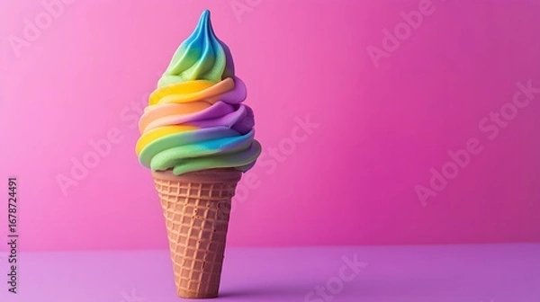 Fototapeta Delicious rainbow swirl ice cream cone sits against a vibrant pink backdrop creating a sweet temptation.