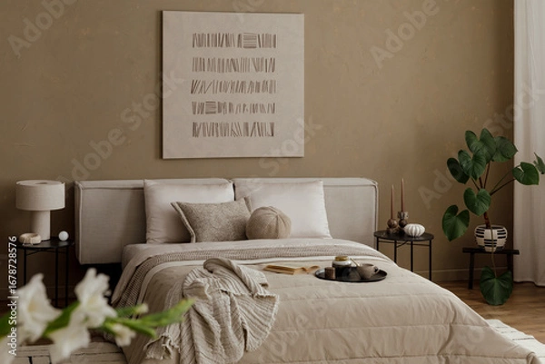 Fototapeta Warm-toned bedroom with soft bedding, neutral pillows, open book and nightstand with green plant in pot.