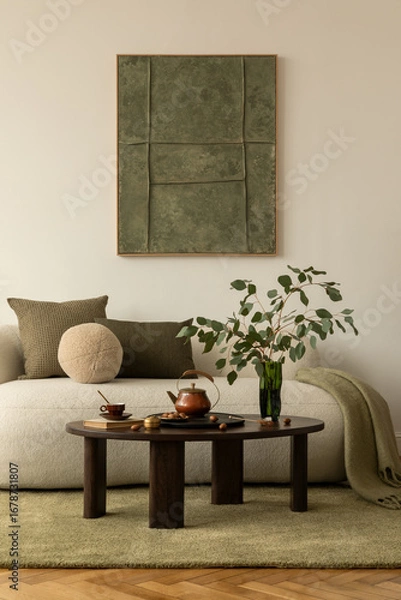 Fototapeta Cozy modern sofa with olive and beige pillows, round cushion  and coffee table with teapot, eucalyptus in a vase and decorative tray.