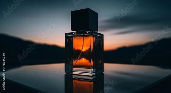 Obraz Luxury perfume bottle reflecting sunset glow on calm water