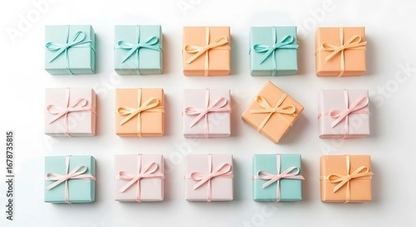 Obraz Festive pastel gift boxes arranged neatly studio shot top view