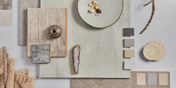 Fototapeta Creative flat lay design of stylish beige architect moodboard composition with samples of building, textile and natural materials and personal accessories. Top view,  white background, template.