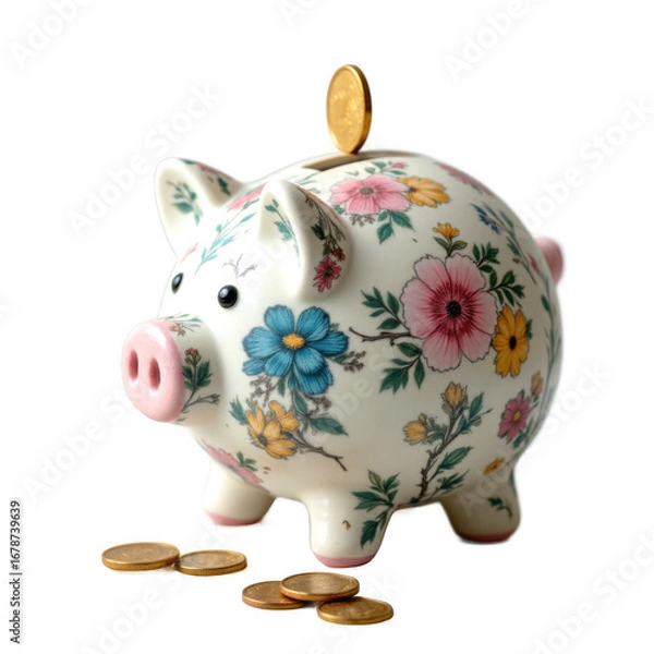 Obraz Transparent, png Floral Piggy Bank with Coins on Transparent Background