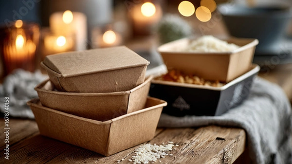 Fototapeta Cardboard food containers on a table with candles.