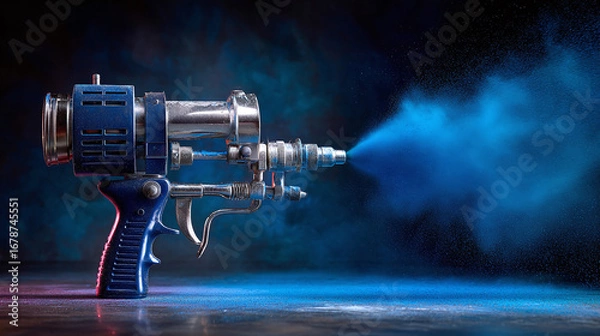 Fototapeta A metal paint sprayer with a blue handle and shiny metal components emitting blue powder in a studio setting on a reflective surface, lit by blue and red lights.