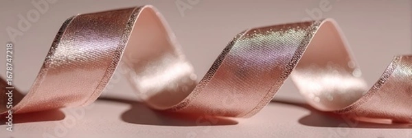 Obraz A delicate, shimmering pink ribbon elegantly twists against a soft background, showcasing its glossy texture and graceful curves.