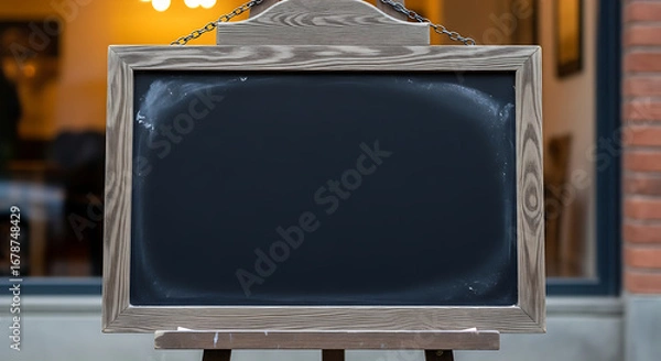 Obraz Empty chalkboard on a wooden easel in front of a cafe