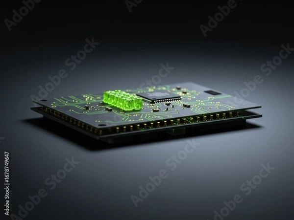 Fototapeta A dark circuit board with glowing green traces and a luminous green rectangular component, alongside an IC chip, against a dark, gradient background.