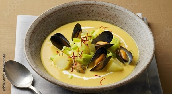 Fototapeta Creamy Seafood Soup with Mussels, Potatoes and Leeks in Rustic Bowl