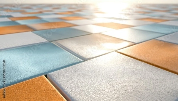 Obraz Close-up view of a patterned tile floor, in shades of orange, light blue, and white, with sunlight reflecting