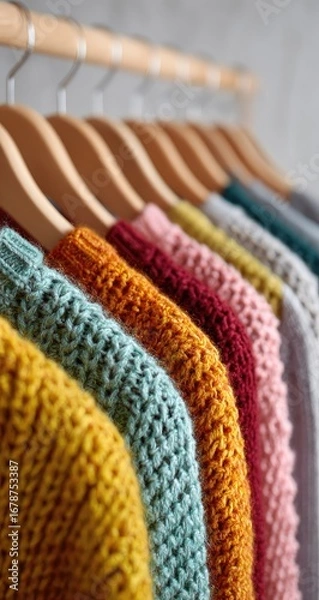 Fototapeta Row of colorful sweaters on wooden hangers