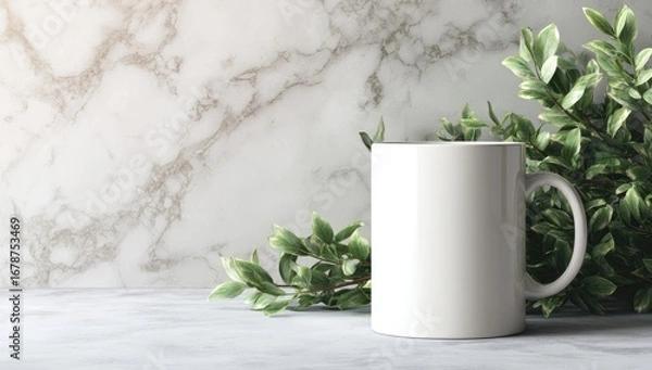 Obraz Blank white mug on marble surface with greenery