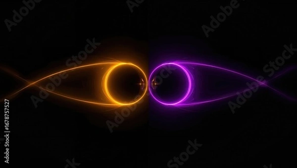 Fototapeta Digital abstract art depicting two glowing orbs in orange and purple against a dark background, conveying a sense of energy and motion