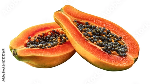 Fototapeta Vibrant halved papaya bursting with juicy flesh and dark seeds, perfect for health and tropical themes  isolated on white background