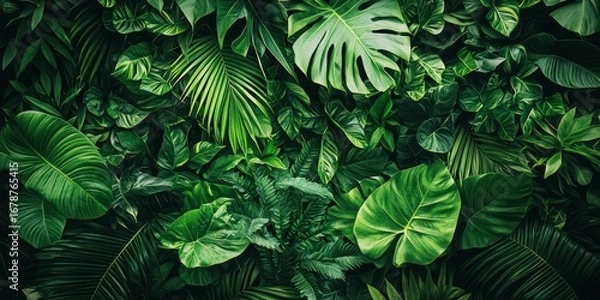 Obraz A dense, dark backdrop is filled with a vibrant collection of lush green tropical leaves. Large, glossy monstera leaves are interspersed with smaller ferns, palms, and other foliage. 