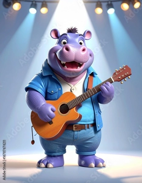Fototapeta a 3d cartoon hippopotamus with clothes standing on a stage with a guitar, singing, confidently.