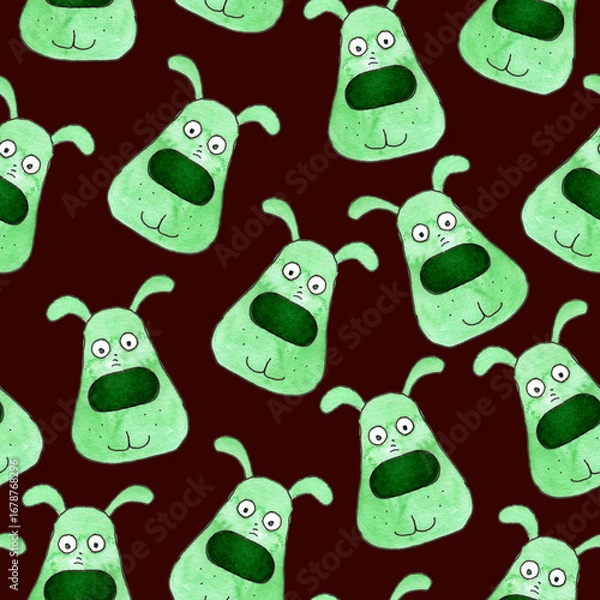 Obraz seamless pattern of watercolor green dog portrait, hand painted illustration on dark background