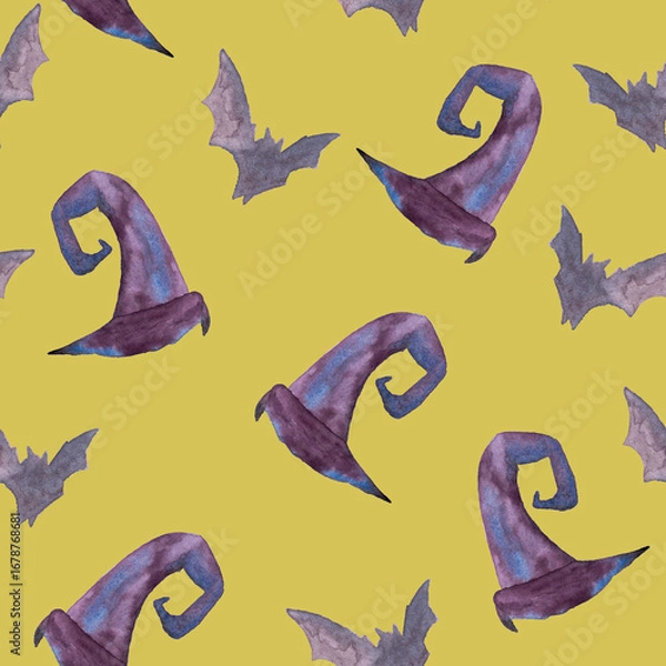 Obraz seamless pattern of Halloween watercolor elements on yellow background. Violet witch hat and flying bat hand painted illustrations