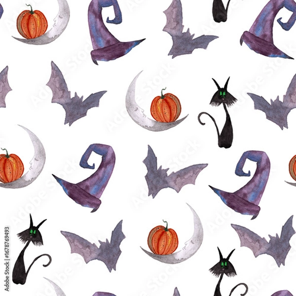 Obraz seamless pattern of Halloween watercolor elements on white background. Black cat, bat, violet witch hat, moon and pumpkin hand painted illustrations
