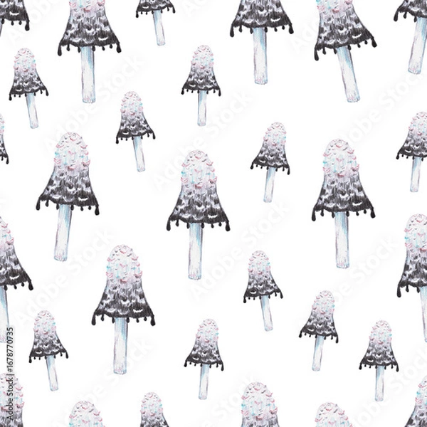 Obraz seamless pattern of Coprinopsis atramentaria, the common ink cap, tippler's bane mushroom, hand drawn colored pencils illustration