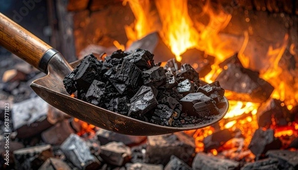Obraz Shovel filled with black coal lumps in front of a blazing hot furnace fire. Concept for energy resources, industrial heating and fossil fuel combustion