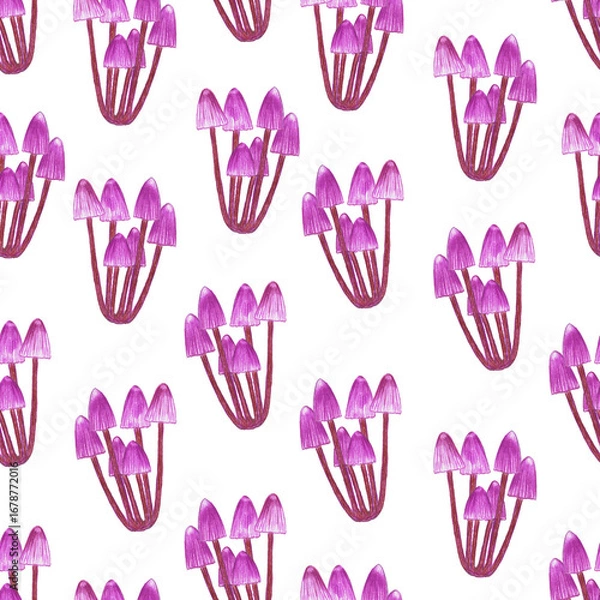 Obraz seamless pattern of pink mushrooms on white background, hand drawn colored pencils illustration
