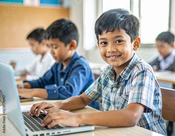 Fototapeta Asian boy typing on a laptop in a modest classroom, smiling.
