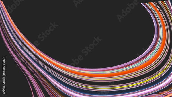 Fototapeta Colorful curved light trails on black background, featuring vibrant neon lines in motion, creating dynamic and futuristic abstract design with sense of speed and energy