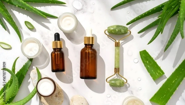 Fototapeta Natural Skincare Products with Aloe Vera, Essential Oils, and Jade Roller