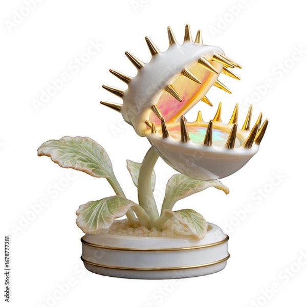 Fototapeta Glossy sculptural Venus flytrap-inspired plant with iridescent open traps and golden spikes on green stem and leaves against neutral background