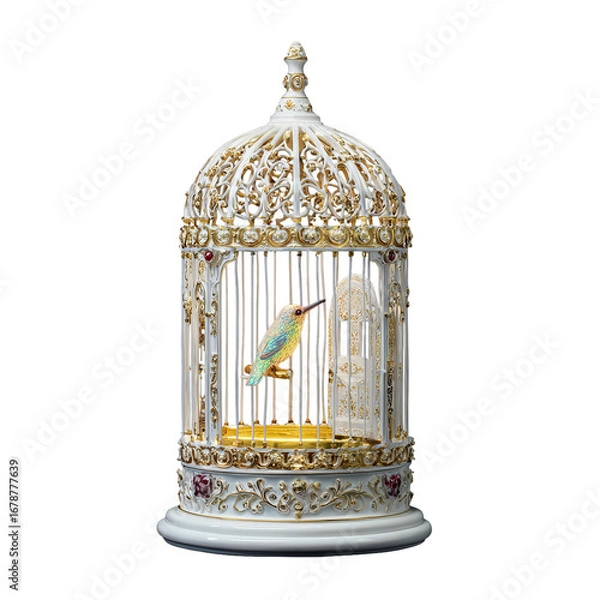 Fototapeta Ornate white and gold birdcage with intricate floral patterns housing a vibrant colorful bird perched on a golden stand