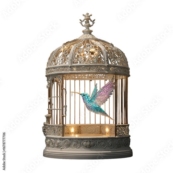 Fototapeta Intricately designed birdcage with glowing lights and a vibrant turquoise and pink hummingbird in mid-flight near the open door