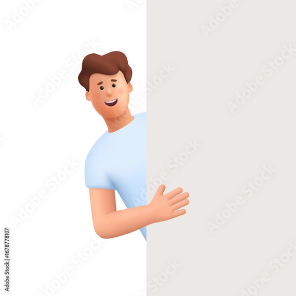 Fototapeta Young smiling man James peeking out from behind a blank wall or banner. Presentation, announcement, invitation or surprise concept. 3d vector people character. Cartoon minimal style.