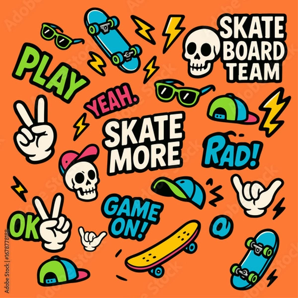 Fototapeta Graffiti-inspired doodle set with spray cans, tags, bricks, crowns, arrows, and bold hip-hop energy. Ideal for t-shirts, murals, and digital artwork.