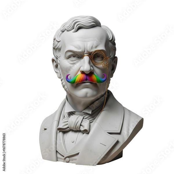Obraz Classical bust sculpture of a suit-clad man with monocle and vibrant rainbow-colored mustache blending traditional and modern elements