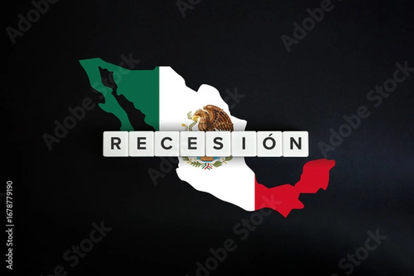 Fototapeta Recesión Word on White Tiles with Mexico Map and Flag