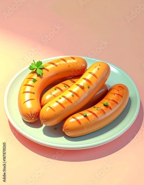 Fototapeta 3D image render of a plate of fried sausage, done in toon shading.