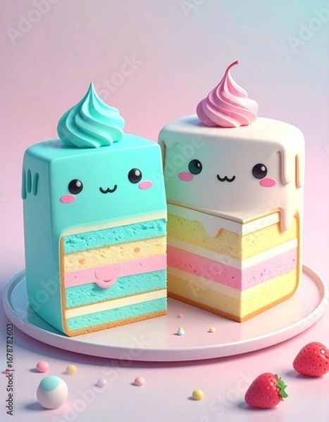 Fototapeta 3D render of a cake dessert slices with kawaii faces, done in toon shading