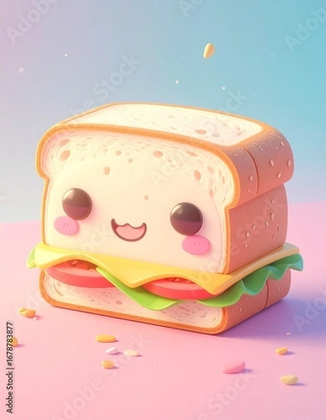 Fototapeta 3D render of a sandwich with kawaii faces, done in toon shading