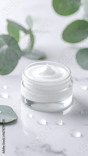 Obraz Moisturizing Cream Jar with Fresh Green Leaves on Bright White Background