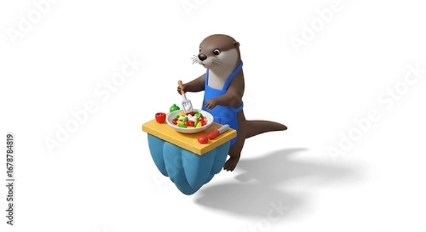 Obraz 3d Cute otter chef preparing salad in bowl with ingredients isolated on white background
