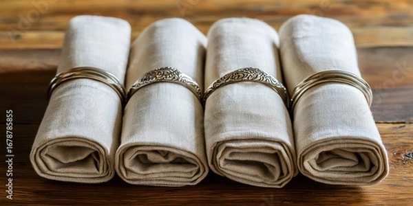 Obraz Four linen napkins are neatly rolled and secured with ornate silver napkin rings. The napkins are a light beige color and have a slightly textured appearance. They are arranged on a dark