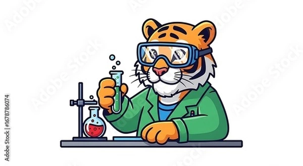 Obraz 3d Tiger scientist in lab coat and goggles conducts chemistry experiment isolated on white background